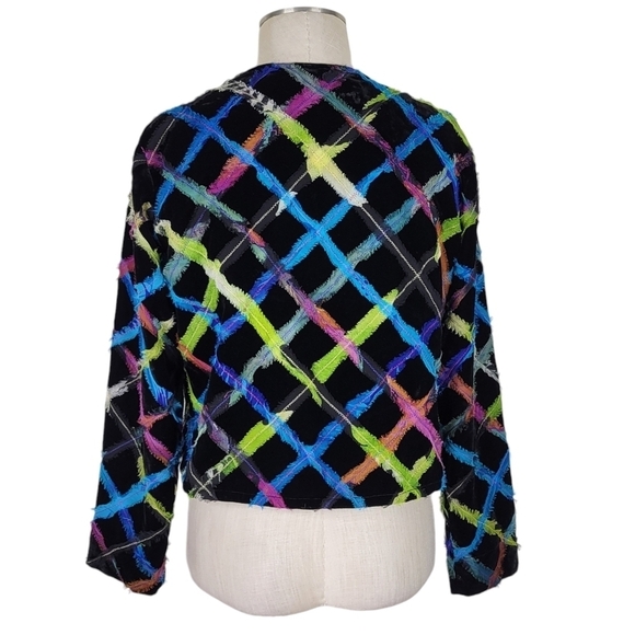 Chicos Open Blazer Size 1 M 8 Abstract Vibrant Rainbow Colors Silk Blend Lined - Picture 4 of 13